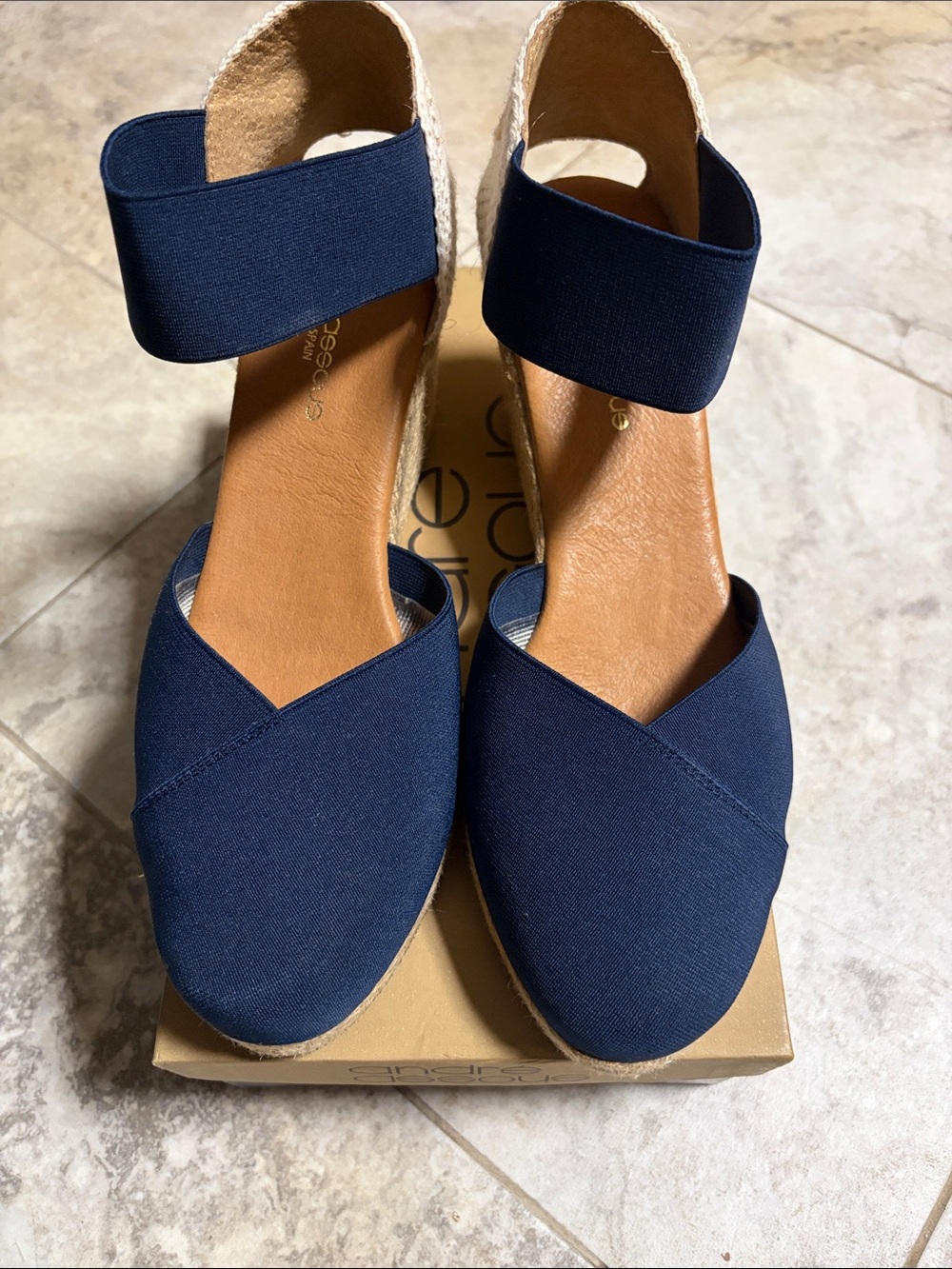 Andre Assous Navy Canvas Espadrille Wedge with Elastic Ankle Strap